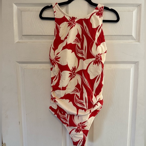 Shade & Shore Red and Cream Floral High-Neck One-Piece Swimsuit - Picture 3 of 5